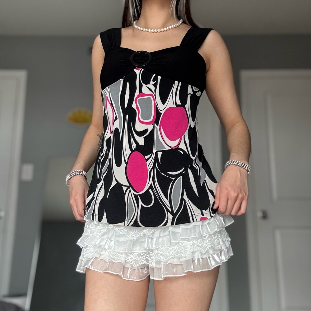 90s Vintage Carol Rose Black & Pink Abstract Pattern O-Ring Tank Top